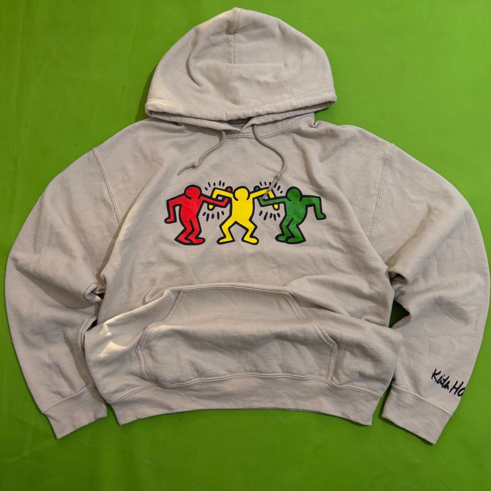 Keith Haring Foundation Graphic Hoodie Tan Beige Pop Art Sweatshirt Mens Medium